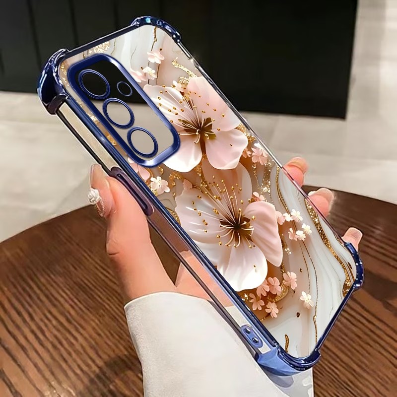 Samsung Galaxy S24 - غطاء هاتف شفاف مزخرف بالزهور ومطلي