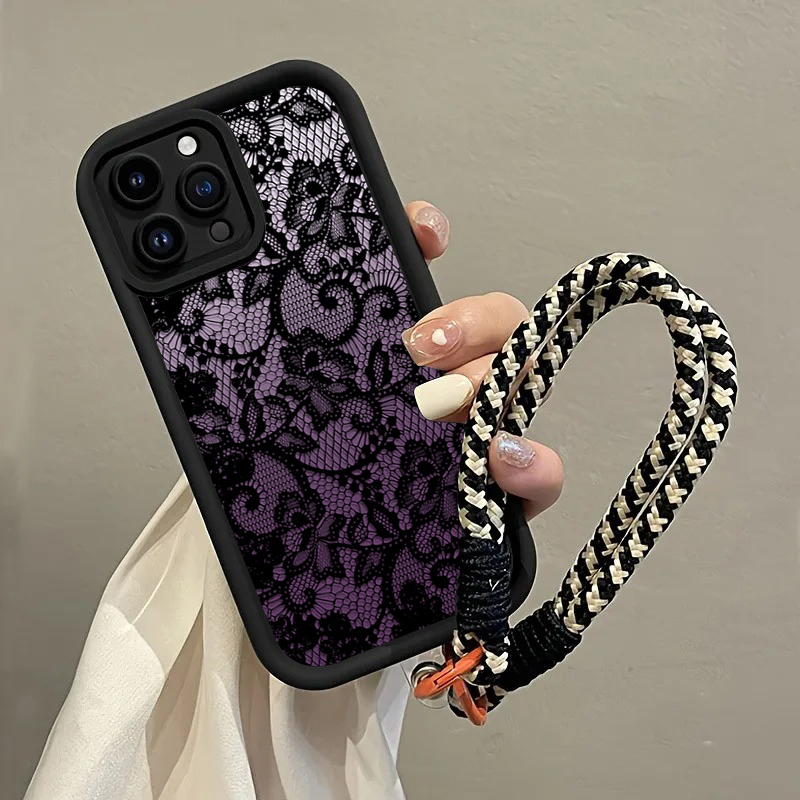 Phone Cases With Straps - جراب هاتف أسود بنفسجي من الدانتيل